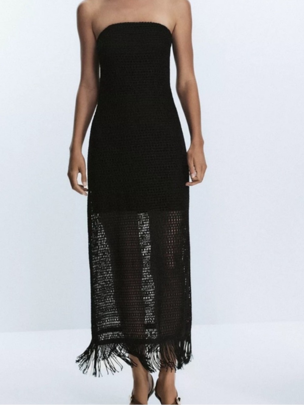 Zara NWT metallic thread fringe hem Black Strapless Midi cocktail Dress
